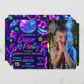 ネオングローディスコダンスパーティー誕生日写真 招待状 (正面/裏面)