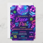 ネオングローディスコダンスパーティー誕生日 招待状 (正面)