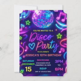 ネオングローディスコダンスパーティー誕生日 招待状
