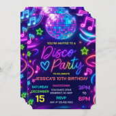 ネオングローディスコダンスパーティー誕生日 招待状 (正面/裏面)