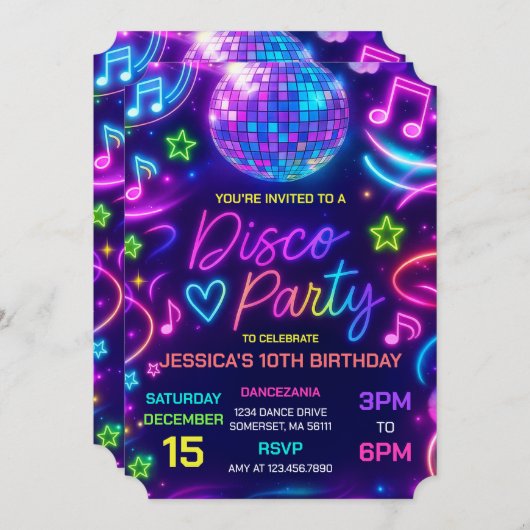 ネオングローディスコダンスパーティー誕生日 招待状 (正面/裏面)