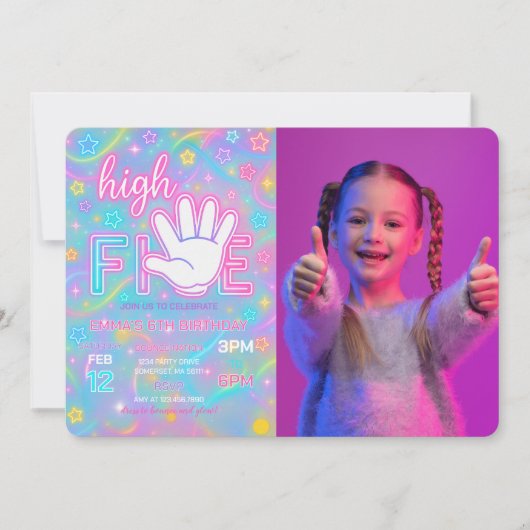 ネオングローハイファイブバースデーパーティーの写真 招待状 (正面)