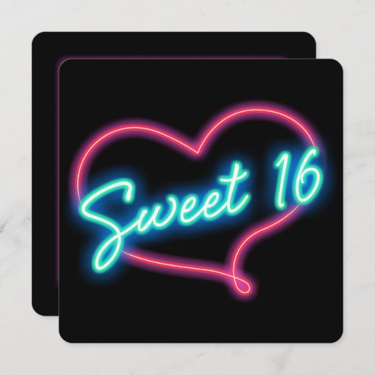 ネオングローハートSWEET 16誕生日パーティーへの招待 招待状 (正面/裏面)