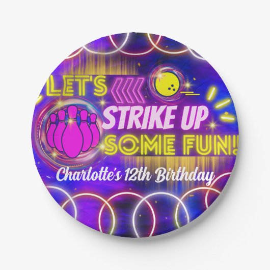 ネオングローパープルガールのボーリング誕生日パーティー ペーパープレート (正面)
