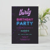 ネオングローピンクティール（緑がかった色）ブラックディスコ30歳の誕生日 招待状 (スタンド正面)