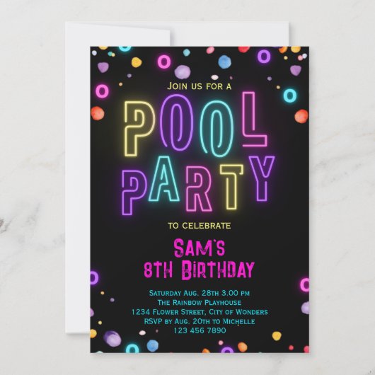 ネオングロープールパーティーガールズピンクパープル誕生日 招待状 (正面)