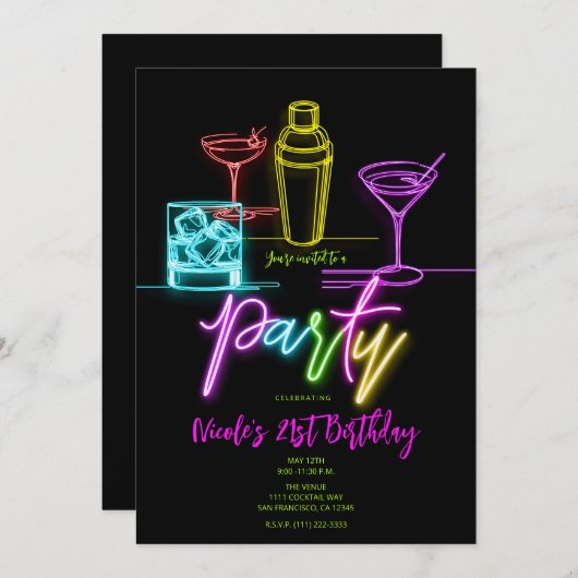 ネオングローラカラフルイズカクテル21歳の誕生日 招待状 (正面/裏面)