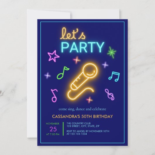 ネオングローレッズパーティーカラオケ誕生日 招待状 (正面)