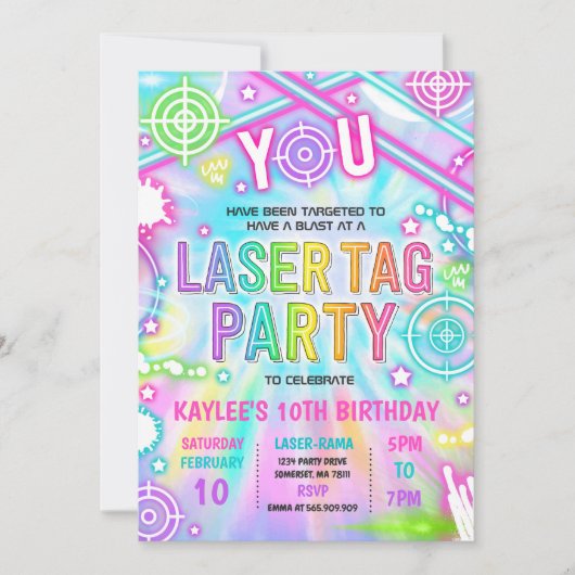 ネオングローレーザーラベル絞り染め誕生日パーティー 招待状 (正面)