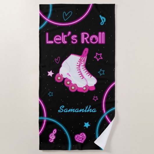 ネオングローローラスケートで滑るレッツガール転が ビーチタオル (正面)
