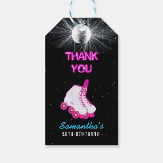 ネオングローローラスケートで滑るレッツバースデー転がティーパーティー ギフトタグ (正面)