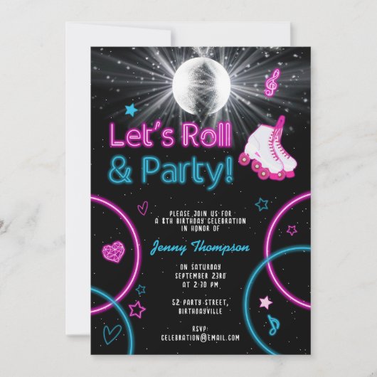 ネオングローローラスケートで滑るレッツバースデー転がティーパーティー 招待状 (正面)