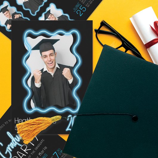 ネオングロー波状縁ど写画卒業パーティー 招待状