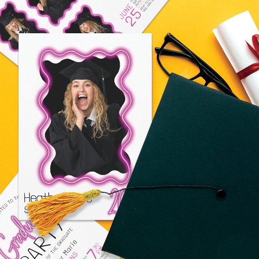 ネオングロー波状縁ど写画卒業パーティー 招待状