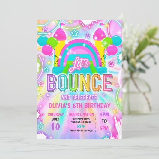 ネオングロー絞り染めバウンスハウスバースデーパーティー 招待状 (スタンド正面)