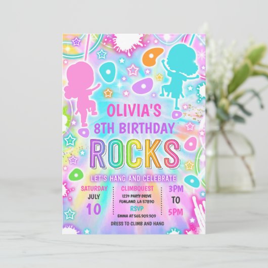 ネオングロー絞り染めロック登山誕生日パーティー 招待状 (スタンド正面)