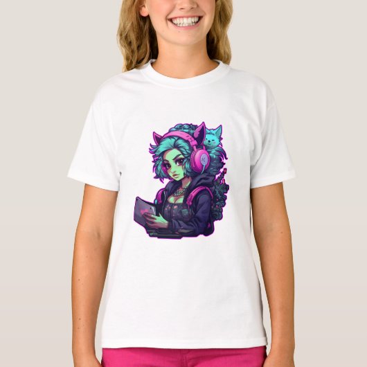 ネオンゲーマーの少女 Tシャツ (正面)