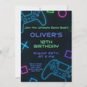 ネオンゲーマーパーティー – ビデオゲーム誕生日 招待状 (正面)