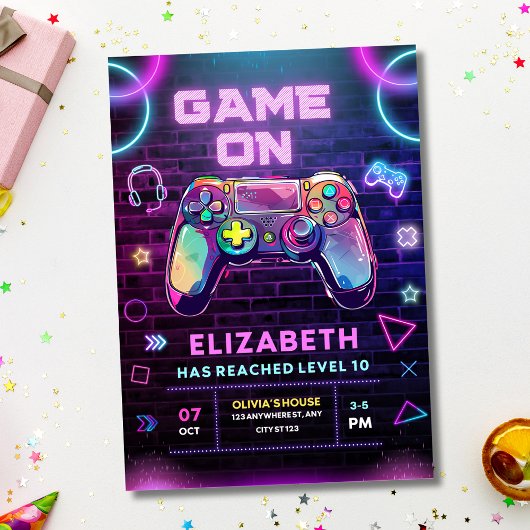 ネオンゲームパーティーのビデオゲーム誕生日招待状 招待状