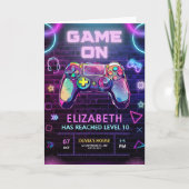 ネオンゲームパーティーのビデオゲーム誕生日招待状 招待状 (正面)