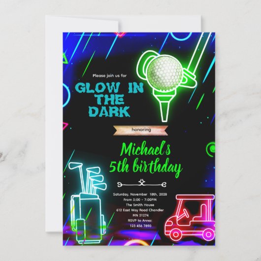 ネオンゴルフバースデーパーティーの招待状 招待状 (正面)