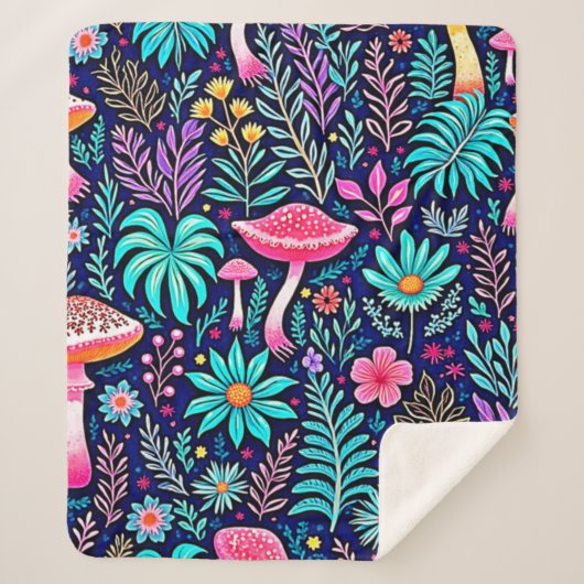 ネオンサイケデリックキノコの森の夢 シェルパブランケット (正面)