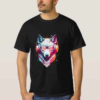 ネオンサイバーウルフヘッドホン Y2K Tシャツ