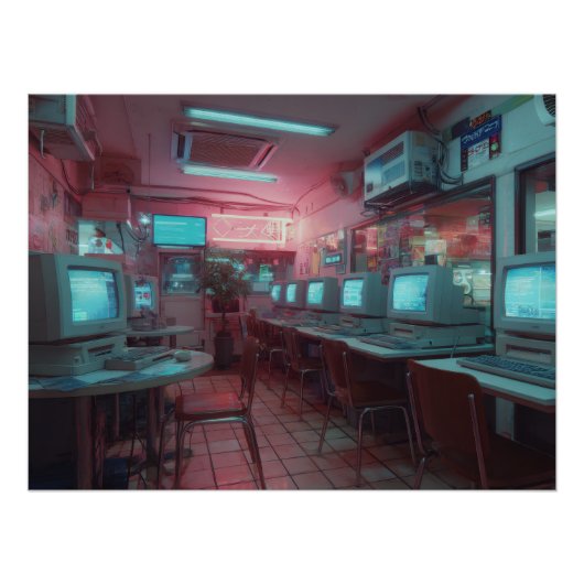 ネオンサイバーカフェとレトロモニター ポスター (正面)
