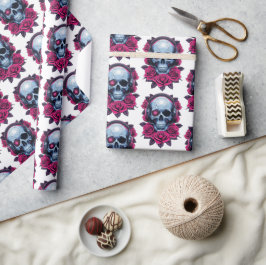 ネオンサイバーデススカルとバラホワイト ラッピングペーパー