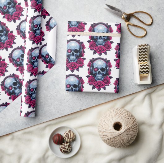 ネオンサイバーデススカルとバラホワイト ラッピングペーパー (クラフト)