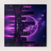 ネオンサイバーパンクの街並み – 未来的な紫 ジグソーパズル (横)