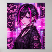 ネオンサイバーパンクアニメの少女 "Identity Forged" ポスター