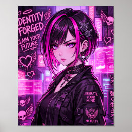 ネオンサイバーパンクアニメの少女 "Identity Forged" ポスター