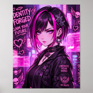 ネオンサイバーパンクアニメの少女 "Identity Forged" ポスター