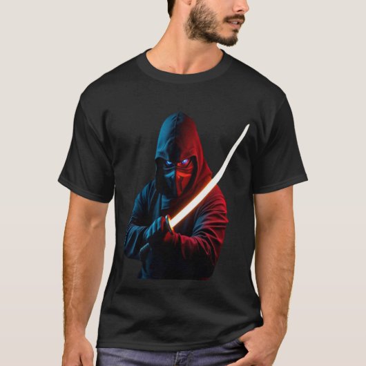 ネオンサイバーパンク忍者 - グローイングカタナグラフィック Tシャツ (正面)