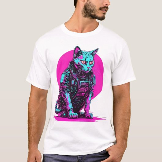 ネオンサイバーパンク猫 Tシャツ (正面)