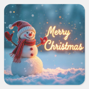 ネオンサインのメリークリスマスと雪だるま スクエアシール