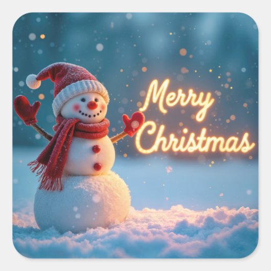 ネオンサインのメリークリスマスと雪だるま スクエアシール (正面)