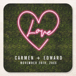 ネオンサインラブ結婚ハート スクエアペーパーコースター