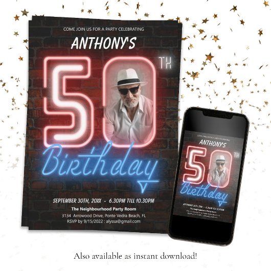 ネオンサインレトロカスタム写真50th誕生日パーティー 招待状