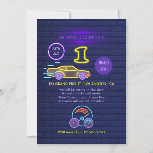 ネオンサインレーシングカーをテーマにした男の子1歳の誕生日パーティー 招待状 (正面)