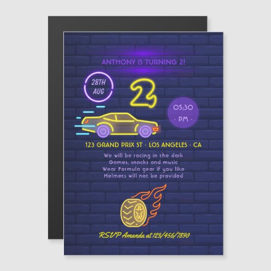 ネオンサインレーシングカーをテーマにした男の子2nd誕生日パーティー マグネット招待状 (正面/裏面)