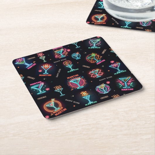 ネオンサイン宇宙エイジアトミックマルティニカクテルプリント スクエアペーパーコースター (アングル)
