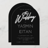 ネオンサイン白スクリプトブラックアー結婚チ 招待状 (正面/裏面)