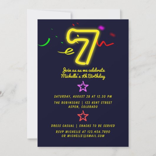 ネオンサイン第7の誕生日パーティーへの招待 招待状 (正面)