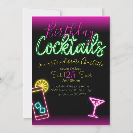 ネオンサイン誕生日カクテルパーティの招待状 招待状 (正面)