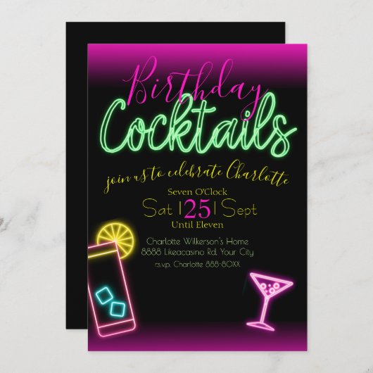 ネオンサイン誕生日カクテルパーティの招待状 招待状 (正面/裏面)