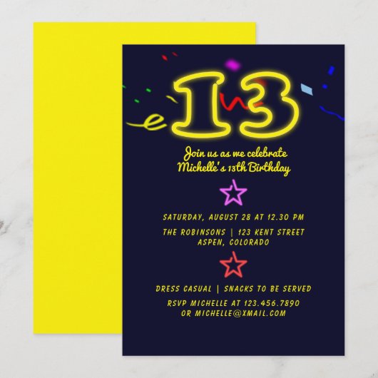 ネオンサイン 13歳の誕生日パーティーの招待状 招待状 (正面/裏面)