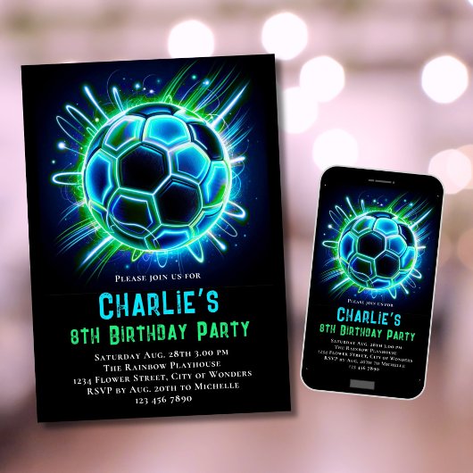 ネオンサッカー誕生日招待状ボーイズネオンサッカー 招待状