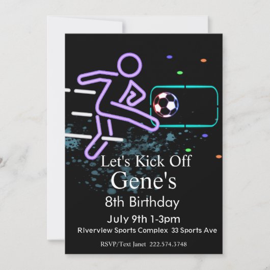 ネオンサッカー誕生日、サッカー誕生日、フンボール 招待状 (正面)